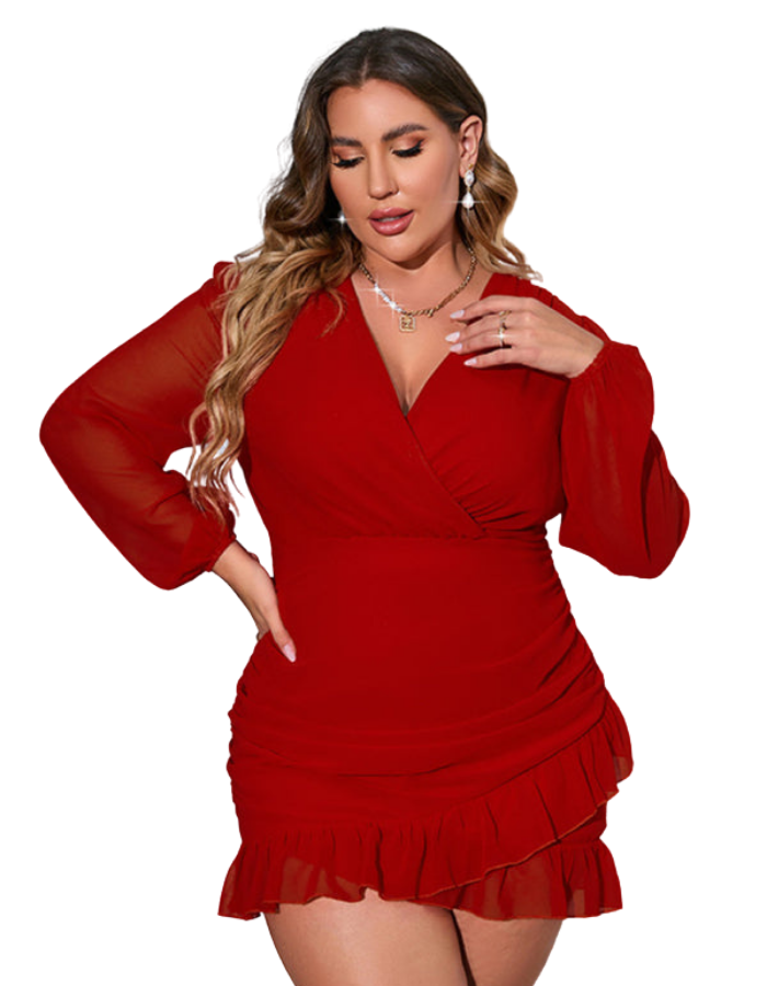 SHOPIQAT Plus Size V-Neck Long-Sleeved Chiffon Dress - Premium from shopiqat - Just $11.500! Shop now at shopiqat